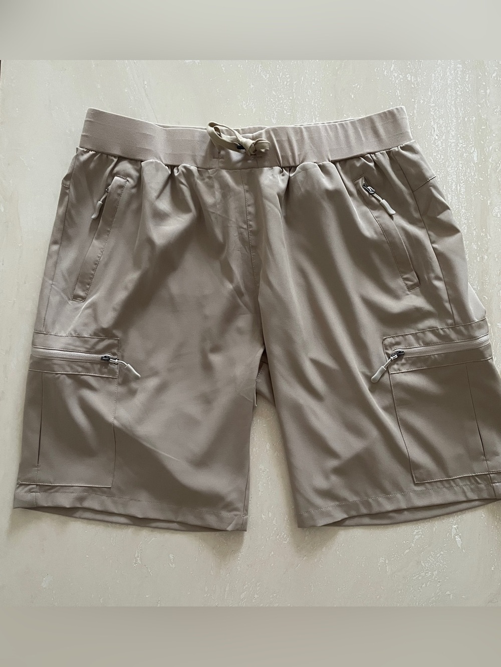 Khaki Beige Stretch Cargo Hiking Shorts Pockets Lightweight Elastic Waist XL